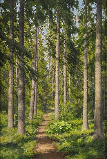 johan krouthen Sunlit forest path Germany oil painting art